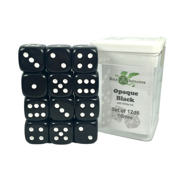D6 Cube 18mm Opaque Black with White with pips (12)
