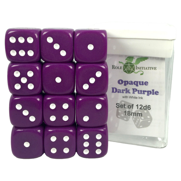 D6 Cube 18mm Opaque Dark Purple with White with pips (12)